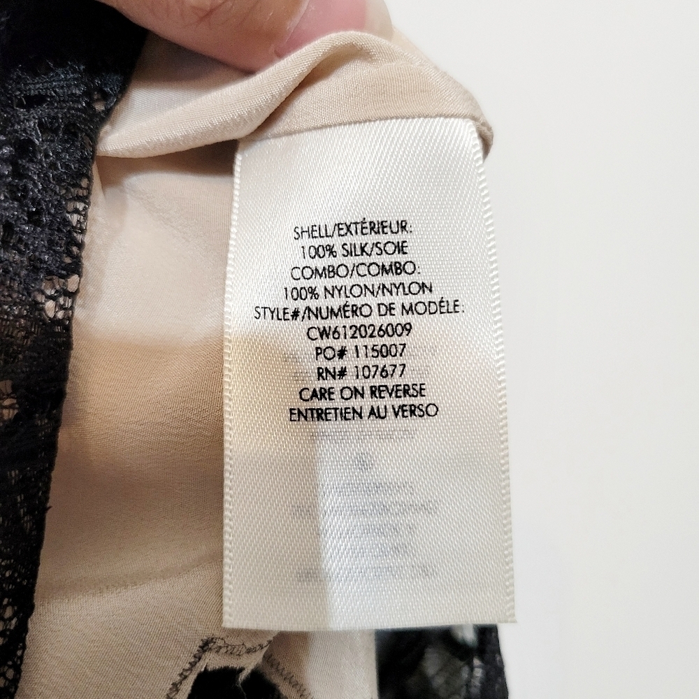 Alice + Olivia Marge Black Lace Champagne Silk Cowl Back Blouse Size Medium - Picture 9 of 10
